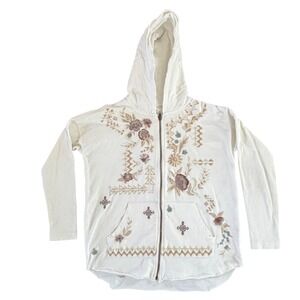 CAITE Embroidered Floral Full Zip Up Hoodie White Handmade sz S Oversize Raw Hem